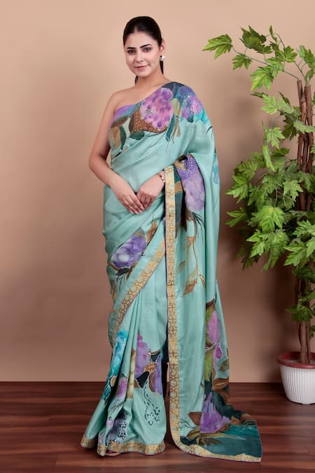 Nidhi Kejriwal_Green Tulle, Silk Sequins Hand-painted Floral Saree With Running Blouse Piece _at_Aza_Fashions
