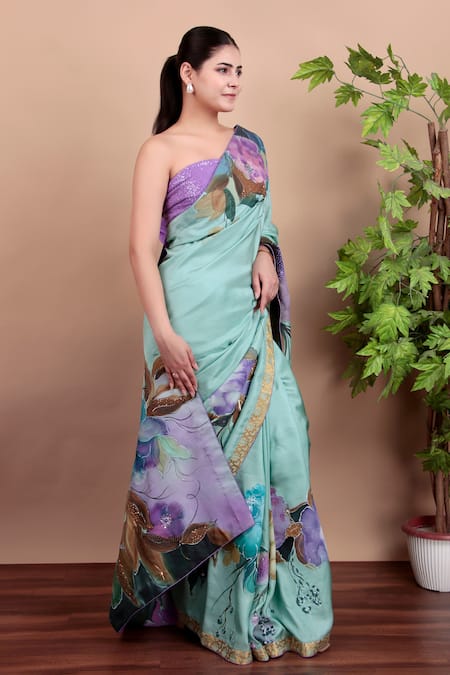 Buy_Nidhi Kejriwal_Green Tulle, Silk Sequins Hand-painted Floral Saree With Running Blouse Piece 