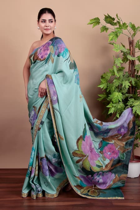 Shop_Nidhi Kejriwal_Green Tulle, Silk Sequins Hand-painted Floral Saree With Running Blouse Piece 