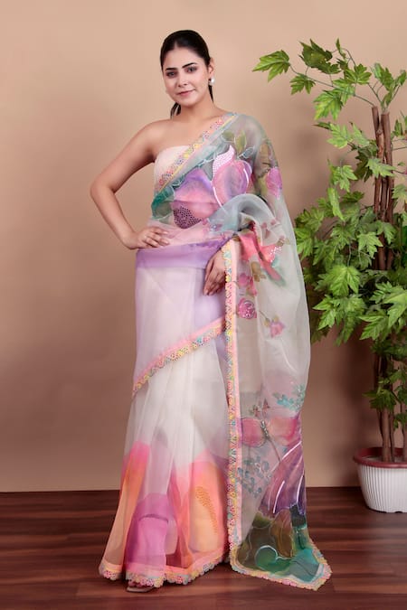 Nidhi Kejriwal_White Organza Floral Saree With Running Blouse Piece _Online_at_Aza_Fashions