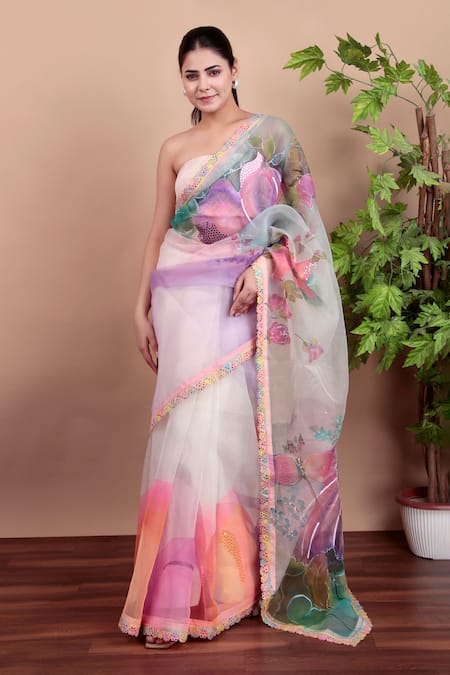 Buy_Nidhi Kejriwal_White Organza Floral Saree With Running Blouse Piece _Online_at_Aza_Fashions