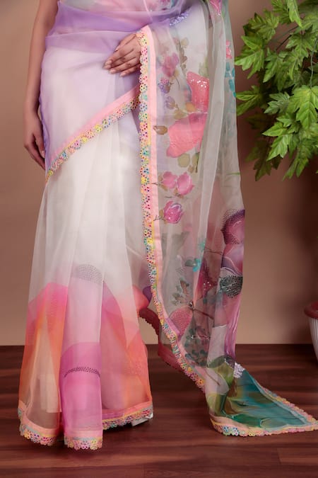 Nidhi Kejriwal_White Organza Floral Saree With Running Blouse Piece _at_Aza_Fashions