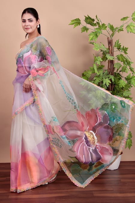 Buy_Nidhi Kejriwal_White Organza Floral Saree With Running Blouse Piece 