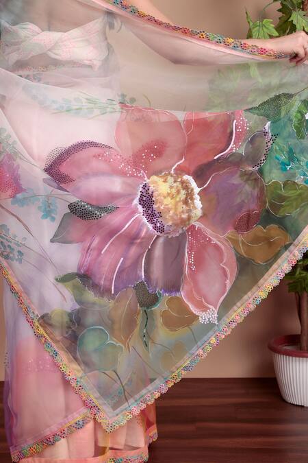 Shop_Nidhi Kejriwal_White Organza Floral Saree With Running Blouse Piece 