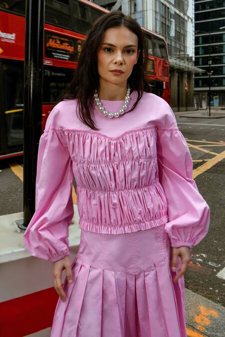 Therealb Pink Cotton Off-shoulder Designer Skirt And Top Set Online at Aza Fashions Therealb_Pink Cotton Off-shoulder Designer Skirt And Top Set _Online_at_Aza_Fashions