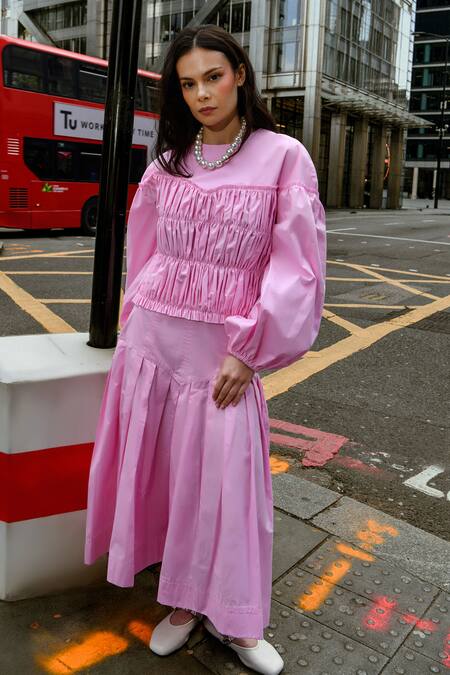 Buy Therealb Pink Cotton Off-shoulder Designer Skirt And Top Set Buy_Therealb_Pink Cotton Off-shoulder Designer Skirt And Top Set