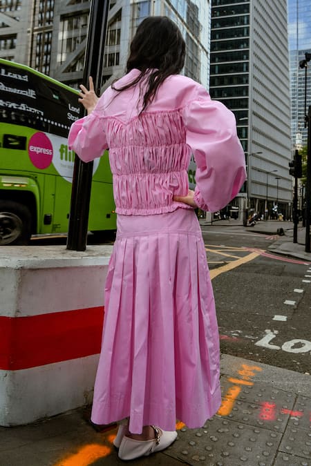 Shop Therealb Pink Cotton Off-shoulder Designer Skirt And Top Set at Aza Fashions Shop_Therealb_Pink Cotton Off-shoulder Designer Skirt And Top Set _at_Aza_Fashions