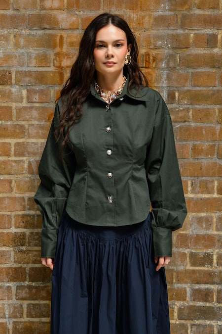 Buy Therealb Olive Green Cotton Collared Top And Navy Blue Skirt Set Online at Aza Fashions Buy_Therealb_Olive Green Cotton Collared Top And Navy Blue Skirt Set _Online_at_Aza_Fashions