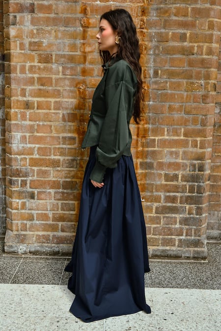 Shop Therealb Olive Green Cotton Collared Top And Navy Blue Skirt Set Online at Aza Fashions Shop_Therealb_Olive Green Cotton Collared Top And Navy Blue Skirt Set _Online_at_Aza_Fashions