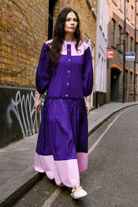 Buy_Therealb_Pink Cotton Collared Color Block Designer Dress _Online_at_Aza_Fashions