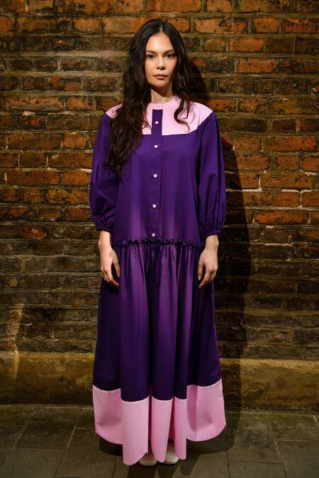Shop_Therealb_Pink Cotton Collared Color Block Designer Dress _Online_at_Aza_Fashions