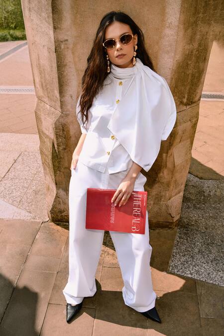 Shop Therealb White Cotton High Neck Designer Top And Pant Set Online at Aza Fashions Shop_Therealb_White Cotton High Neck Designer Top And Pant Set _Online_at_Aza_Fashions