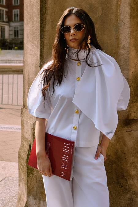 Therealb White Cotton High Neck Designer Top And Pant Set at Aza Fashions Therealb_White Cotton High Neck Designer Top And Pant Set _at_Aza_Fashions