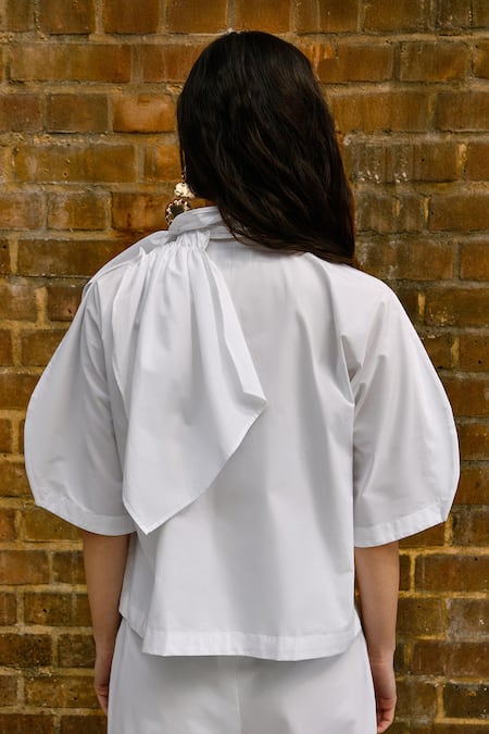 Shop Therealb White Cotton High Neck Designer Top And Pant Set at Aza Fashions Shop_Therealb_White Cotton High Neck Designer Top And Pant Set _at_Aza_Fashions