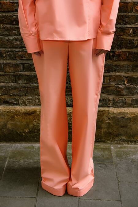 Therealb_Peach Cotton Ruffles Collared Designer Top And Pant Set _Online_at_Aza_Fashions