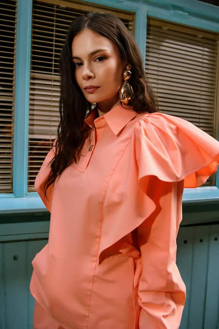 Shop_Therealb_Peach Cotton Ruffles Collared Designer Top And Pant Set _Online_at_Aza_Fashions