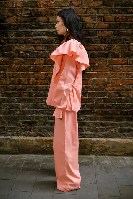 Therealb_Peach Cotton Ruffles Collared Designer Top And Pant Set _at_Aza_Fashions