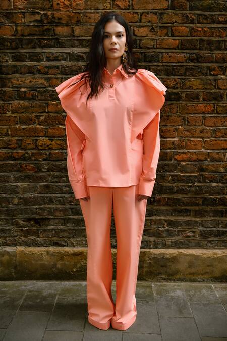 Buy_Therealb_Peach Cotton Ruffles Collared Designer Top And Pant Set 