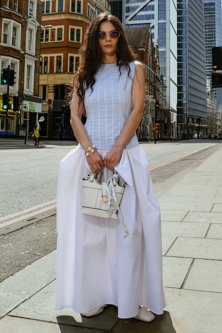 Shop Therealb Blue Cotton Round Neck Designer And White Dress at Aza Fashions Shop_Therealb_Blue Cotton Round Neck Designer And White Dress _at_Aza_Fashions