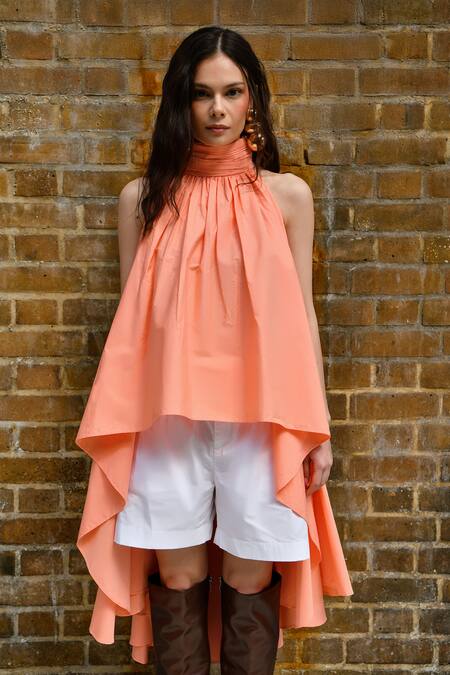 Buy Therealb Peach Cotton Collared Halter Neck Top And Shorts Set Online at Aza Fashions Buy_Therealb_Peach Cotton Collared Halter Neck Top And Shorts Set _Online_at_Aza_Fashions