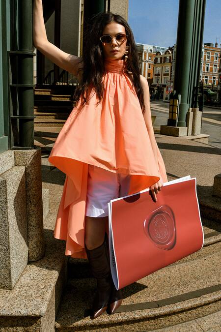 Therealb Peach Cotton Collared Halter Neck Top And Shorts Set at Aza Fashions Therealb_Peach Cotton Collared Halter Neck Top And Shorts Set _at_Aza_Fashions
