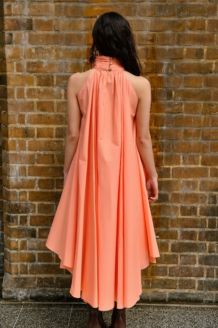 Shop Therealb Peach Cotton Collared Halter Neck Top And Shorts Set at Aza Fashions Shop_Therealb_Peach Cotton Collared Halter Neck Top And Shorts Set _at_Aza_Fashions