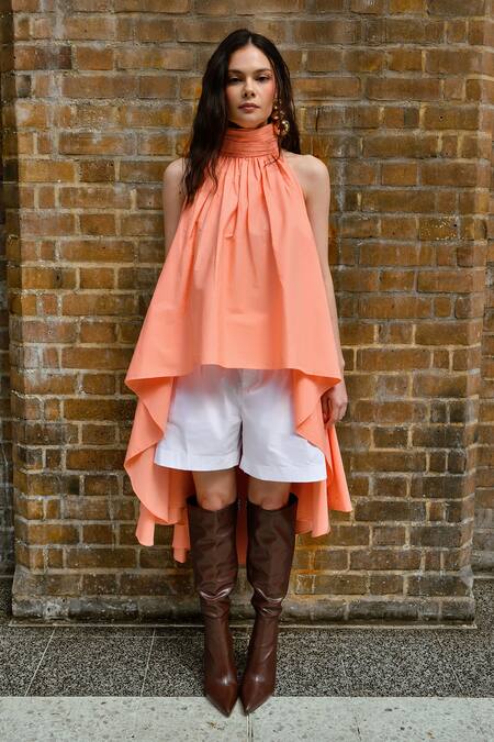 Buy Therealb Peach Cotton Collared Halter Neck Top And Shorts Set Buy_Therealb_Peach Cotton Collared Halter Neck Top And Shorts Set