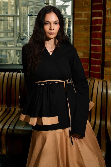 Buy Therealb Black Cotton V-neck And Beige Designer Top & Skirt Set Online at Aza Fashions Buy_Therealb_Black Cotton V-neck And Beige Designer Top & Skirt Set _Online_at_Aza_Fashions