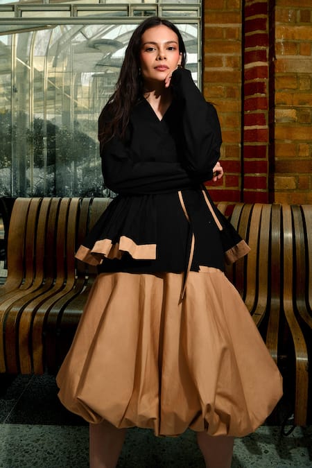 Shop Therealb Black Cotton V-neck And Beige Designer Top & Skirt Set Online at Aza Fashions Shop_Therealb_Black Cotton V-neck And Beige Designer Top & Skirt Set _Online_at_Aza_Fashions