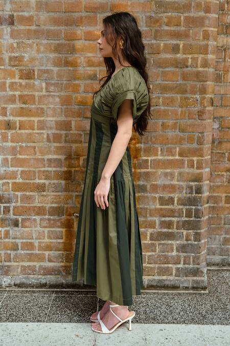 Therealb_Green Cotton Plunge Neck Designer Dress _at_Aza_Fashions