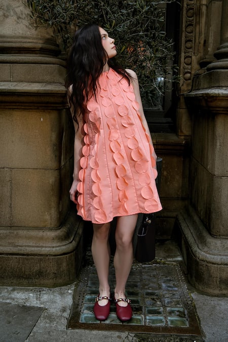 Therealb_Peach Cotton Round Neck Designer Dress With Layered Details _at_Aza_Fashions