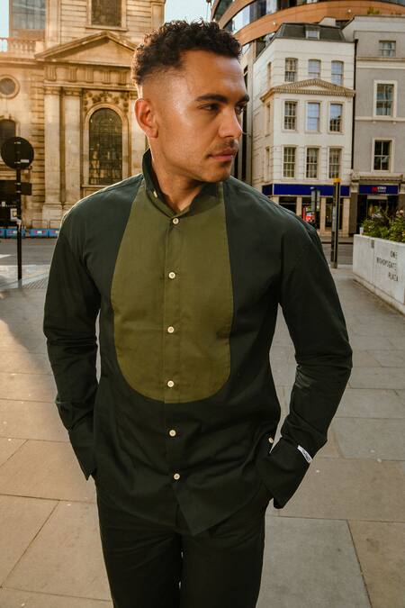 Therealb Olive Green Cotton Designer Shirt And Pant Set Online at Aza Fashions Therealb_Olive Green Cotton Designer Shirt And Pant Set _Online_at_Aza_Fashions