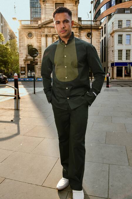 Shop Therealb Olive Green Cotton Designer Shirt And Pant Set at Aza Fashions Shop_Therealb_Olive Green Cotton Designer Shirt And Pant Set _at_Aza_Fashions