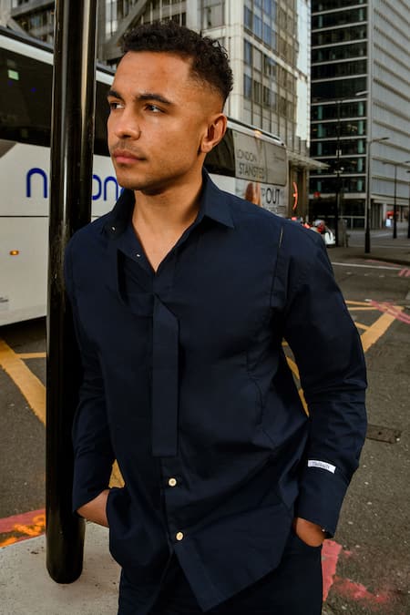 Therealb Navy Cotton Blue Designer Shirt And Pant Set Online at Aza Fashions Therealb_Navy Cotton Blue Designer Shirt And Pant Set _Online_at_Aza_Fashions