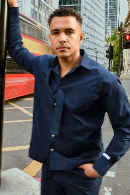 Shop Therealb Navy Cotton Blue Designer Shirt And Pant Set Online at Aza Fashions Shop_Therealb_Navy Cotton Blue Designer Shirt And Pant Set _Online_at_Aza_Fashions