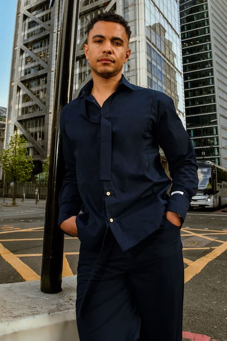 Shop Therealb Navy Cotton Blue Designer Shirt And Pant Set at Aza Fashions Shop_Therealb_Navy Cotton Blue Designer Shirt And Pant Set _at_Aza_Fashions