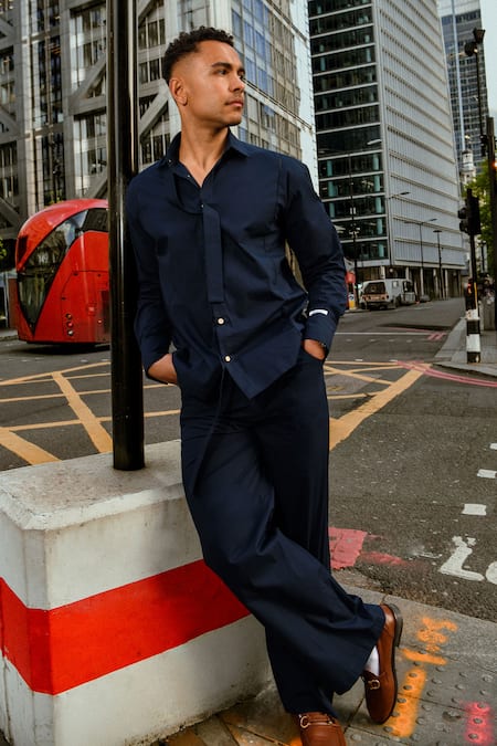 Therealb Navy Cotton Blue Designer Shirt And Pant Set 
