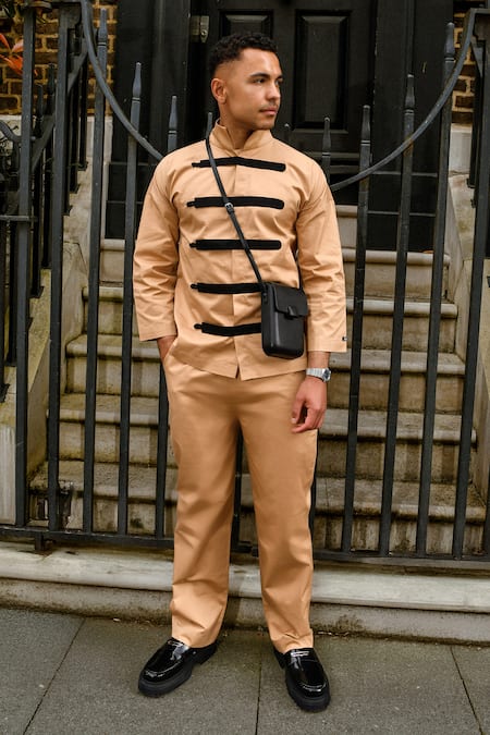 Shop Therealb Beige Cotton Designer Shirt And Pant Set at Aza Fashions Shop_Therealb_Beige Cotton Designer Shirt And Pant Set _at_Aza_Fashions