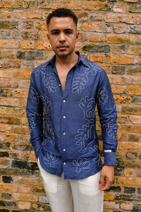 Therealb Navy Linen Embroidery Designer Shirt With Leaf 