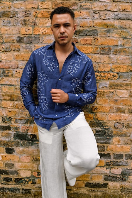 Therealb Designer Linen Shirt With Leaf Embroidery 