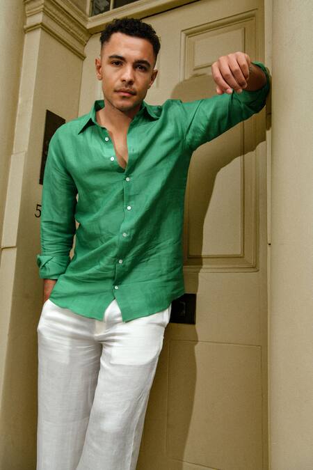 Therealb_Green Linen Designer Shirt _Online_at_Aza_Fashions