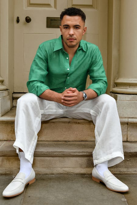 Buy_Therealb_Green Linen Designer Shirt _Online_at_Aza_Fashions