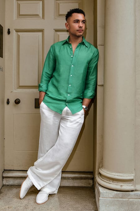 Therealb Green Linen Designer Shirt 