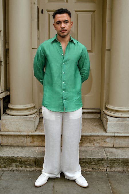 Therealb Green Linen Designer Shirt 