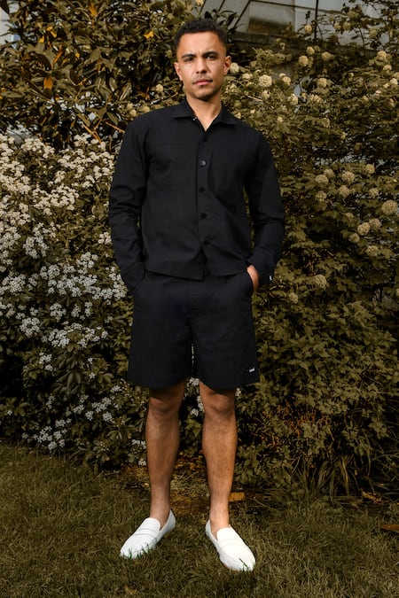 Therealb Black Cotton Designer Shirt And Shorts Set 