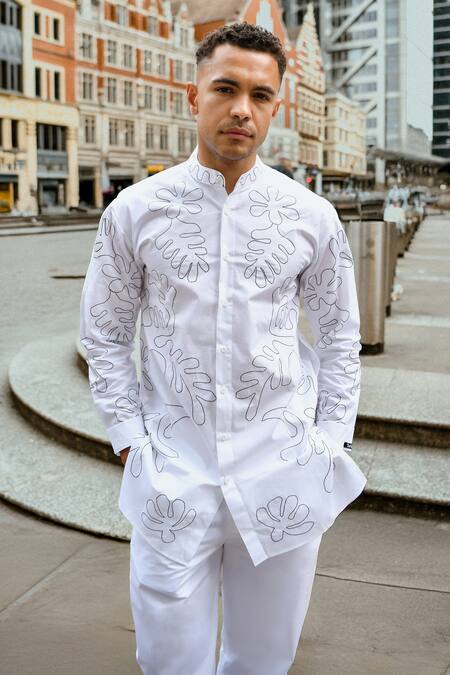 Therealb White Cotton Embroidery Designer Shirt And Pant Set Online at Aza Fashions Therealb_White Cotton Embroidery Designer Shirt And Pant Set _Online_at_Aza_Fashions