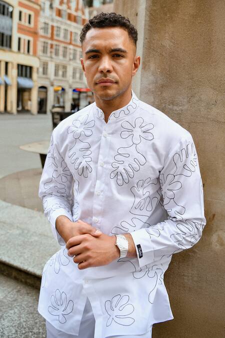 Shop Therealb White Cotton Embroidery Designer Shirt And Pant Set Online at Aza Fashions Shop_Therealb_White Cotton Embroidery Designer Shirt And Pant Set _Online_at_Aza_Fashions