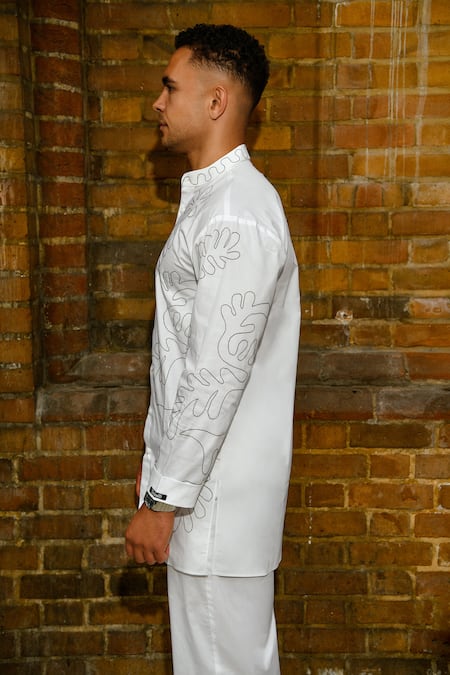 Shop Therealb White Cotton Embroidery Designer Shirt And Pant Set at Aza Fashions Shop_Therealb_White Cotton Embroidery Designer Shirt And Pant Set _at_Aza_Fashions