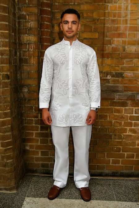 TheRealB White Designer Embroidered Shirt & Pant Set 