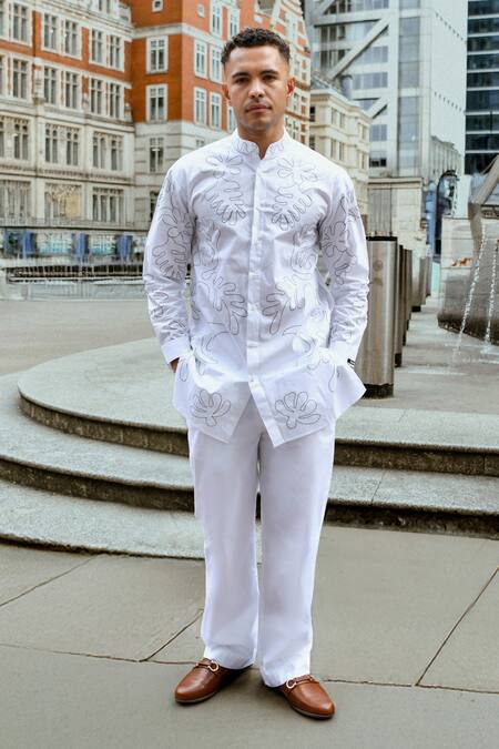 Therealb White Cotton Embroidery Designer Shirt And Pant Set at Aza Fashions Therealb_White Cotton Embroidery Designer Shirt And Pant Set _at_Aza_Fashions